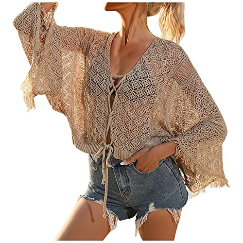 Damen Sommer Häkel-T-Shirt Boho Hippie Hollow Out Strick Blumenmuster Pullover Top Strand Bluse Cover Up von Generic
