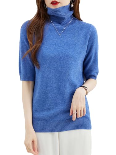 Damen Sommer Herbst Mode Rollkragenpullover Merinowolle Kurzarm Tops Strickpullover, Star Blue, Klein von Generic