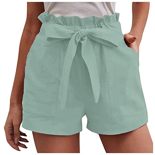 Damen Sommer Hose Kurze 3/4 Shorts Caprihose Hosen Chino Kurz Leicht Bermuda Cargohose Dreiviertel High Jeans Knielang Paperbag Sommerhose Stretch Waist Y2K,Minzgrün,XXL von Generic