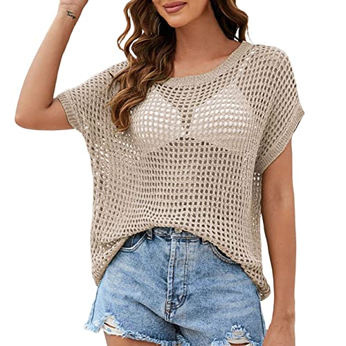 Damen Sommer Kurz Ärmel Häkel-T-Shirt Boho Hippie Hollow Out Strick Pullover Top Strand Bluse Cover Up von Generic
