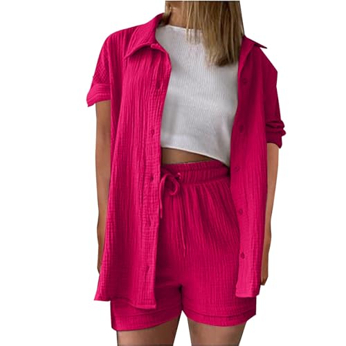 Damen Sommer Musselin Bluse Hemd Und Shorts Zweiteiler Set - Elegant Hosenanzug Sommer Outfits Kleidung 2 Teiler Set Bluse Top + Kurz Hose Y2K Aesthetic Clothes Loungewear Anzug Strand Freizeitanzug von Generic