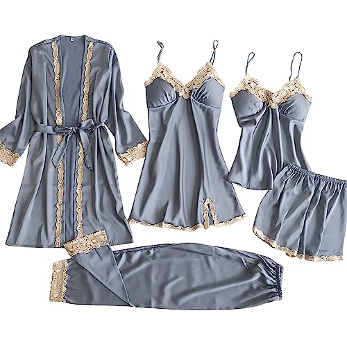 Damen Sommer Nachthemd Seide Robe Unterkleider Braut Loungewear Mode 5-Stück Nachthemden Camisole V-Ausschnitt Mit Robe Dessous Set Leicht Satin Pyjama Sommer Nachtwäsche Kleid Nachthemden von Generic