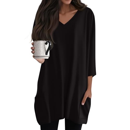 Damen Sommer Oberteil, V-Ausschnitt, 3/4 Ärmel, Langer Schnitt, Leichte Baumwolle, Atmungsaktiv Longshirt mit Taschen,Schwarz,3XL Damen Sommer Oberteil, V-Ausschnitt, 3/4 Ärmel, Langer Schnitt, Leichte Baumwolle, Atmungsaktiv Longshirt mit Taschen,Schwarz,3XL von Generic