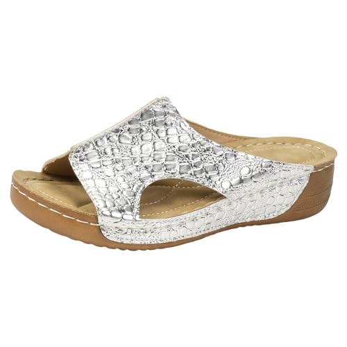 Damen Sommer Retro Reine Farbe Glänzendes Leder Schräge Ferse Dicke Unterseite Fischmaul Große Größe Sandalen Hausschuhe Extra Breite Schuhe Damen Weite M von Generic