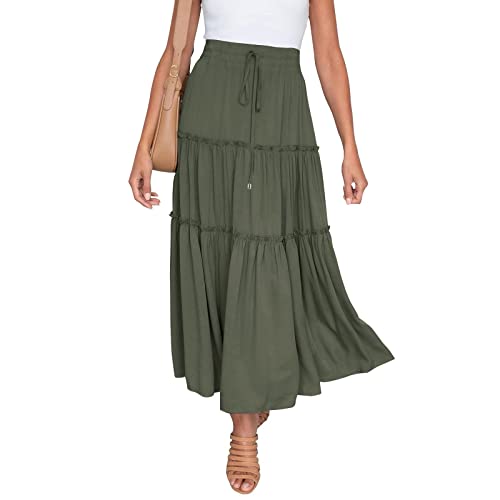 Damen Sommer Rock Lang Maxirock Strandrock Sommerrock Elastische Taille Einfarbig Ausgestelltes A-Linie Faltenrock Boho Maxirock Freizeitrock Lang Hohe Taille Skirt Partyrock (B-Army Green, M) von Generic