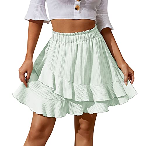 Damen Sommer Rock Retro Minirock Casual Minirock Rockabilly Kurz Röcke Sommerrock Strandkleider Damen Elastisch Taille Rüschen Chiffon Blumen Midirock Minirock Rock(Grün-D,M) von Generic