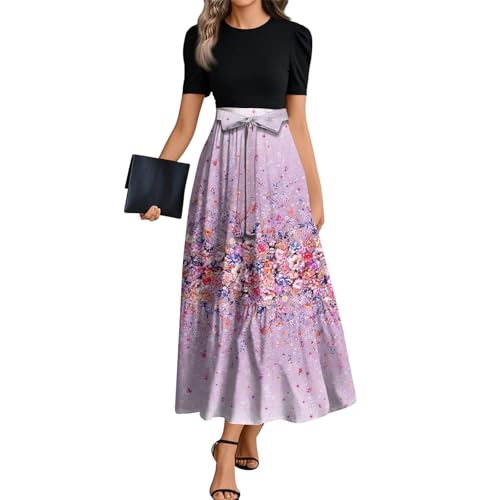 Damen Sommer Rundhalsausschnitt Maxi Kleid mit Elastischem Bund Kurzarm Lässiges Hohe Taille Langes Lockeres Freizeitkleider,Grau,XXL von Generic