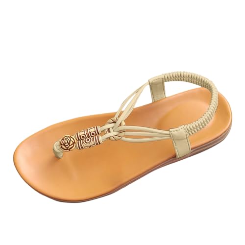 Damen Sommer Sandalen mit Gummiband lässige flache Schuhe atmungsaktive Freizeitsandalen weiche Sohle für bequeme Hausschuhe (Beige, 39) von Generic