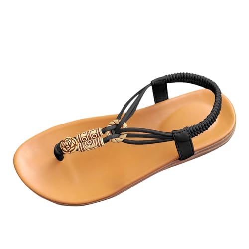 Damen Sommer Sandalen mit Gummiband lässige flache Schuhe atmungsaktive Freizeitsandalen weiche Sohle für bequeme Hausschuhe (Black, 37) von Generic