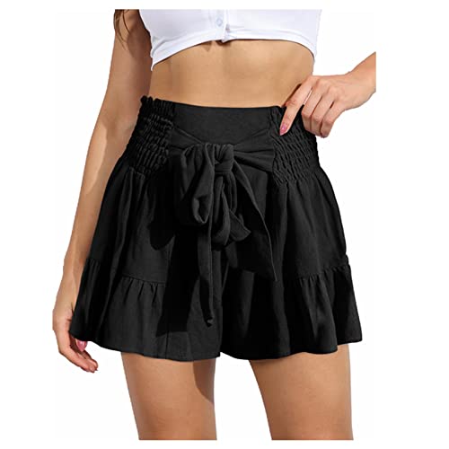 Damen Sommer Shorts Kordelzug weitem Bein elastischer Taille Kurze Hosen Tasche Sommer Lässige Kurze Hose, Elastische Taille Sport Strand Hosen Damen Shorts Einfarbig Freizeit Shorts (Schwarz,XL) von Generic