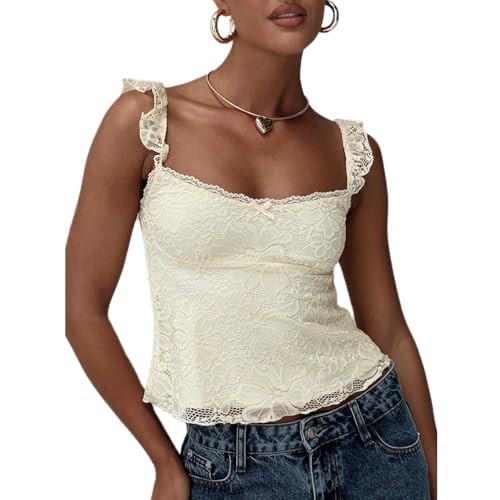 Damen Sommer Slim Fit Cami Tops ärmellos offener Rücken Low Cut Lace Floral Tanks (Light Yellow, S) von Generic
