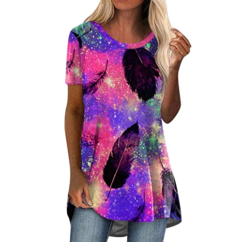 Damen Sommer Strick-Tunika - Grafik - Lässig - Kurzarm - Loose Fit - Rundhalsausschnitt - Zum Tragen mit Leggings - Schönes T-Shirt, violett, 46 von Generic