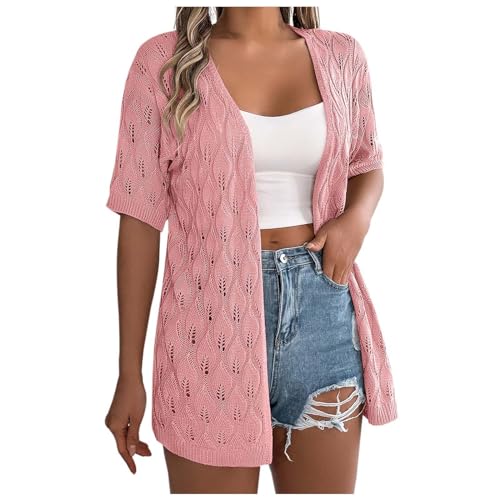 Damen Sommer Strickjacke Leichte Häkeln Kurzarm Einfarbig Leichte Vorne Offene Sonnenschutz Jacke Elegant Lochmuster Strick Cardigan Sonnenschutz Dünne Strandtunika Blusejaceke (02-Pink, XL) von Generic