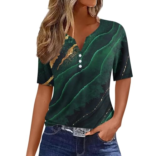 Damen Sommer T-Shirt 2025 Basic Shirt Knöpfe V-Ausschnitt Blusen Top Oberteile Kurzarm Tshirt,Grün,3XL Damen Sommer T-Shirt 2025 Basic Shirt Knöpfe V-Ausschnitt Blusen Top Oberteile Kurzarm Tshirt,Grün,3XL von Generic