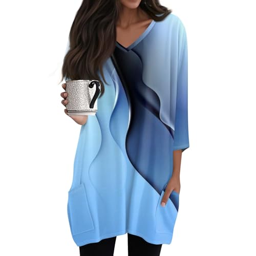 Damen Sommer - Top, V-Ausschnitt, 3/4 Ärmel, Langer Schnitt, Leicht und Bequem, Vintage-Druck Longbluse mit Tasche,Blau,3XL von Generic