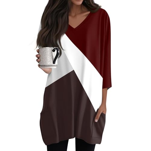 Damen Sommer - Top, V-Ausschnitt, 3/4 Ärmel, Langer Schnitt, Leicht und Bequem, Vintage-Druck Longbluse mit Tasche,Rot,3XL von Generic