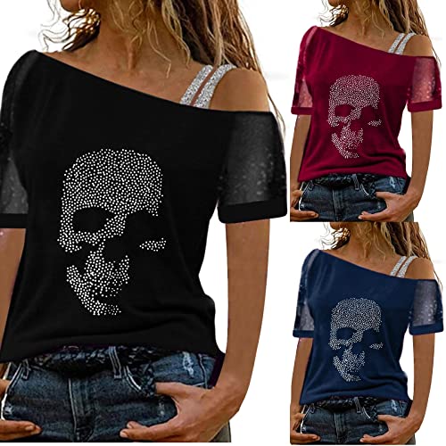 Damen Sommer Tops Lässiges T-Shirt mit Totenkopf-Strass-Motiv V-Ausschnitt Kurzarm Loser Pullover Plus Size Baggy Tunika-Bluse von Generic