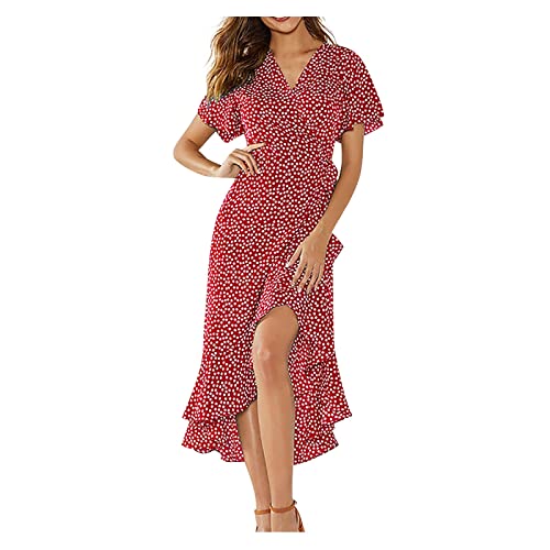 Damen Sommer böhmisches Blumenmuster Wickelkleid mit V-Ausschnitt Strandparty fließendes Midikleid mit Rüschen von Generic