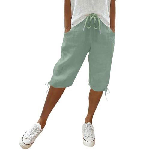 Damen Sommerhose,Knielange Hosen Damen,Sommer Einfarbig Knielang Kurze Hosen Leicht Und Luftig Leinenhose Locker Strandhose Mit Kordelzug Casual Pants Hohe Taille Bequeme Freizeithose,Grün,XL von Generic