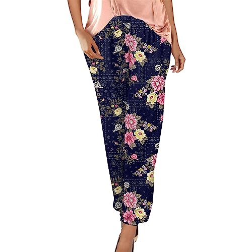 Damen Sommerhosen Leicht Blumendruck Freizeithose Boho Strandhose Straight Bein Hosen Loose Haremshose Casual Bequeme Stoffhose Frauen Yogahose High Waist von Generic