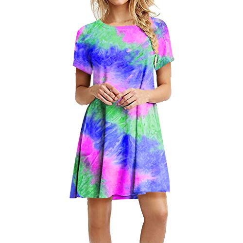Damen Sommerkleid Batik T-Shirt Kleid Kurzarm Freizeitkleid Tunika Shirtkleider Rundhals Minikleid Longshirt Tie-Dye Kleid von Generic
