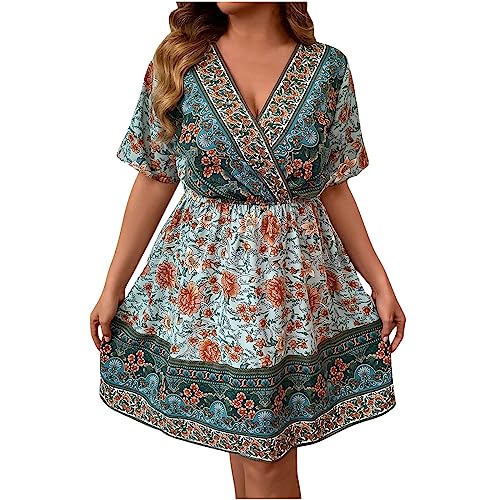 Damen Sommerkleid Boho Tunika Kleid Kurzarm Minikleider V-Ausschnitt Strandkleid kurz Blumenkleid Rüschen Volant Kleid Freizeitkleid mit Kordelzug (Verpackung MEHRWEG) von Generic