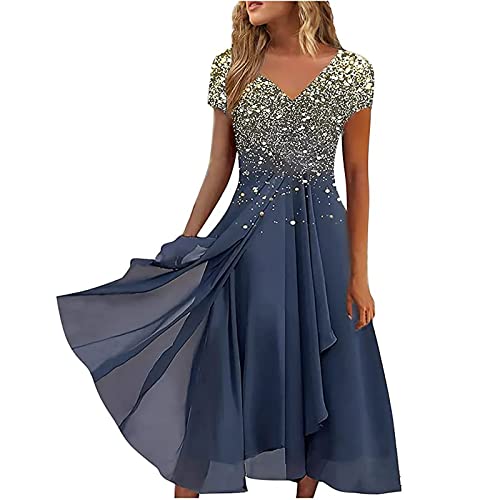 Damen Sommerkleid Elegant Kleid Sexy Kleider Schlank Maxikleid Sommer Chiffon Sommerkleider Rundhals Partykleid High Waist Cocktailkleid Festliche Kurzarm Solide Glitzerkleid von Generic