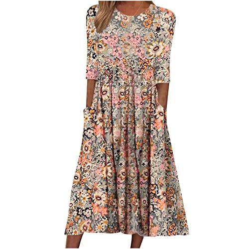 Damen Sommerkleid Halbarm Rundhals Vintage Kleid Blumenmuster Strandkleid Hohe Taille A-Linie Midikleid Boho Kleid Lang Partykleid mit Taschen von Generic