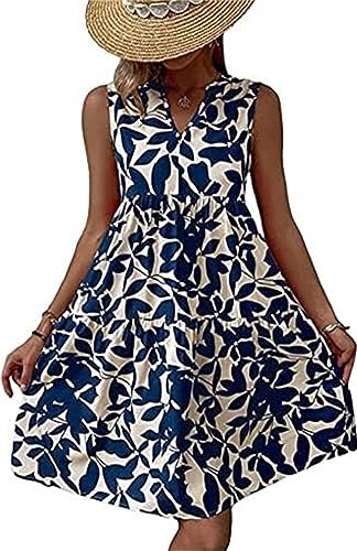 Damen Sommerkleid Knielang Strandkleid Ärmellos Swing Tunika Lässiges Kleider Sommer lockeres Kleid Blumendruck V-Ausschnitt Strandkleid Minikleid Sexy Elegant Boho Frauen Blusenkleid (Blau.,3XL) von Generic