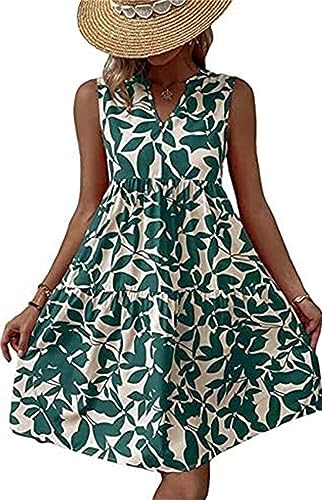 Damen Sommerkleid Knielang Strandkleid Ärmellos Swing Tunika Lässiges Kleider Sommer lockeres Kleid Blumendruck V-Ausschnitt Strandkleid Minikleid Sexy Elegant Boho Frauen Blusenkleid (Grün.,M) von Generic