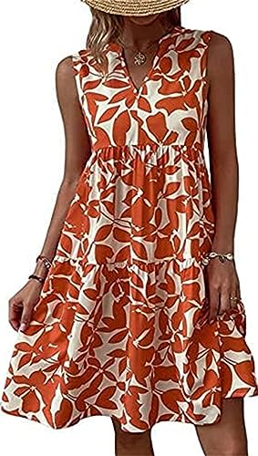 Damen Sommerkleid Knielang Strandkleid Ärmellos Swing Tunika Lässiges Kleider Sommer lockeres Kleid Blumendruck V-Ausschnitt Strandkleid Minikleid Sexy Elegant Boho Frauen Blusenkleid (Orange,5XL) von Generic