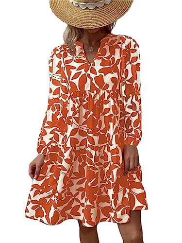 Damen Sommerkleid Knielang Strandkleid Ärmellos Swing Tunika Lässiges Kleider Sommer lockeres Kleid Blumendruck V-Ausschnitt Strandkleid Minikleid Sexy Elegant Boho Frauen Blusenkleid (Orange-L,3XL) von Generic