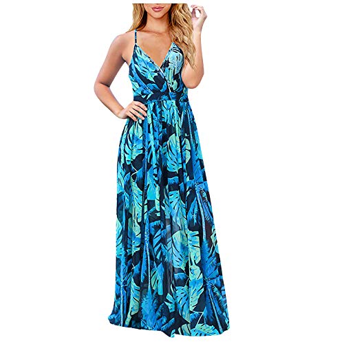 Damen Sommerkleid Lang Kleid Baumwolle Boho Maxi Kleider SpaghettiträGer Freizeitkleid äRmellos Langkleid Hawaii Strandkleid Blumenkleid,J-Dunkelblau,XXL von Generic