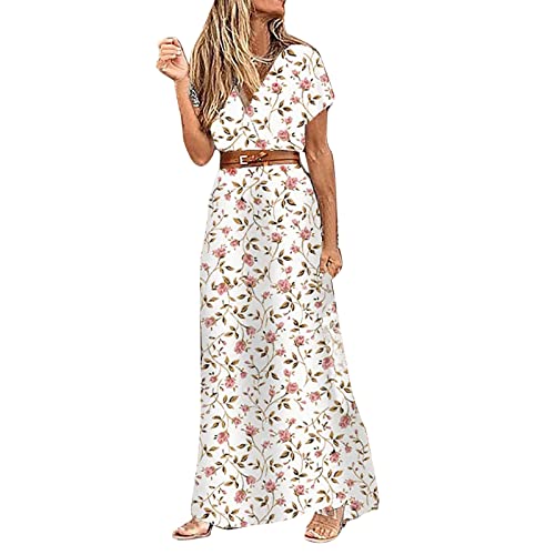 Damen Sommerkleid Lang-Maxikleider Sommer-Boho Strandkleid V-Ausschnitt Midi Kleid mit Gürtel Elegant Blumen Drucken Schicke Stoff Freizeitkleid Bequeme Kleider Midikleid Strandkleider von Generic