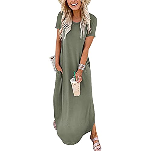 Damen Sommerkleid Lang Strandkleid Sommer Maxikleid Kurzarm Rundhals T Shirt Kleid mit Tasche Einfarbig Langes Shirtkleider Lässig Locker Sommerkleider Freizeitkleid Blusenkleid von Generic