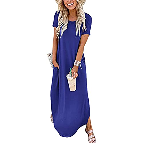 Damen Sommerkleid Lang Strandkleid Sommer Maxikleid Kurzarm Rundhals T Shirt Kleid mit Tasche Einfarbig Langes Shirtkleider Lässig Locker Sommerkleider Freizeitkleid Blusenkleid von Generic