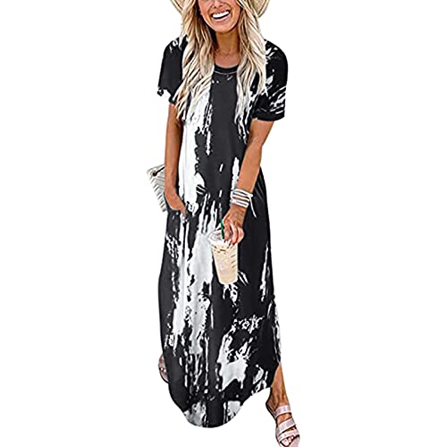 Damen Sommerkleid Lang Strandkleid Sommer Maxikleid Kurzarm Rundhals T Shirt Kleid mit Tasche Einfarbig Langes Shirtkleider Lässig Locker Sommerkleider Freizeitkleid Blusenkleid von Generic