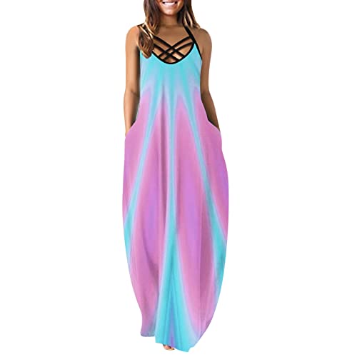 Damen Sommerkleid Lange Freizeitkleid Gedruckt Mit Taschen A-Linien Partykleid Ärmellos Spaghettiträger Festlich Kleider Elegant Kleid Freizeitkleid Lässig Freizeitkleider Damen Sommer Strandkleider von Generic