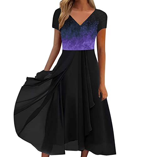 Damen Sommerkleid Lange Freizeitkleid Gedruckt Mit Taschen Kleid Damen Shirtkleid Kurzarm V-Ausschnitt Kleider Für Damen Festlich Schwingen Sommer Kleid Damen Maxikleid Strandkleider von Generic