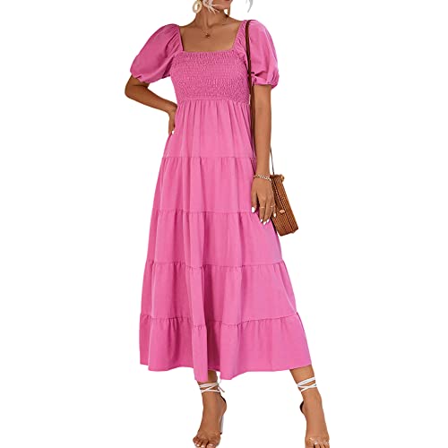 Damen Sommerkleid Puffärmeln Babydoll Einfarbiges Kleid mit Eckigem Ausschnitt und Puffärmeln Kurzarm Gesmokt Gestuft Maxikleid Rosenrot XL von Generic