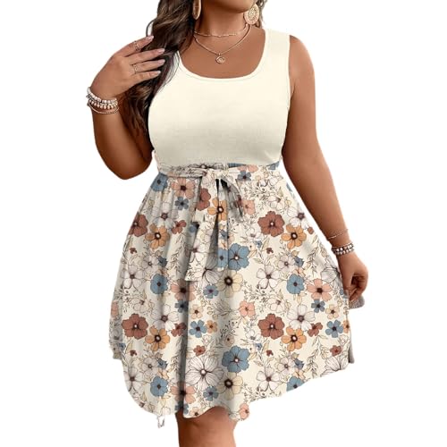 Damen Sommerkleid Übergröße Patchwork A-Linie Kleider Frauen Rundhals Kurzarm Midikleid Casual Swing Knielang Freizeitkleid Hohe Taille Tunikakleid Plus Size Sommer Große Größen Strandkleid von Generic