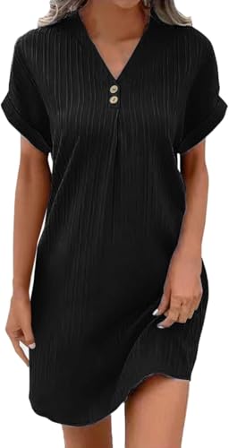 Damen Sommerkleid elegant V-Ausschnitt Luftige Tunika Kleid Einfarbige mit Knöpfen Lässiges Kurzarm A-Linie Kleid Knielang Strandkleid Boho Blusenkleid Casual Kurzes Trägerkleid von Generic