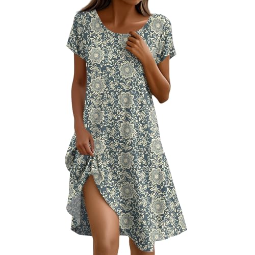 Damen Sommerkleider Damen Sommerkleid Rundhals Kurzarm Blumendruck Boho-Kleid Leicht A-Linie Locker Tshirt Kleid Swing Elegant Freizeitkleid Strandkleid mit Taschen S-2XL C Cyan XXL von Generic