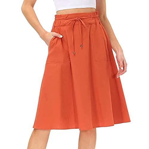 Damen Sommerrock Knielang Leinenrock Midirock Elegant A-Linie Lang Rock Stretch Taille Sommer Strandrock Basic Maxirock Hohe Taille Röcke für Frauen Casual Skirts Orange L von Generic