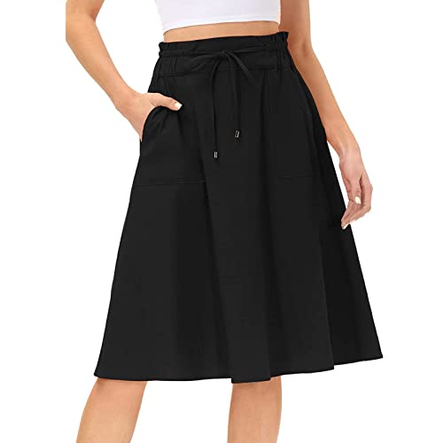 Damen Sommerrock Knielang Leinenrock Midirock Elegant A-Linie Lang Rock Stretch Taille Sommer Strandrock Basic Maxirock Hohe Taille Röcke für Frauen Casual Skirts Schwarz XXL von Generic