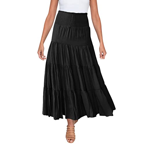 Damen Sommerrock Lang Faltenrock Maxirock Elegant A-Linie Rock Stretch Taille Sommer Strandrock Knielange Röcke Hohe Taille Röcke für Frauen Casual Skirts Schwarz XL von Generic