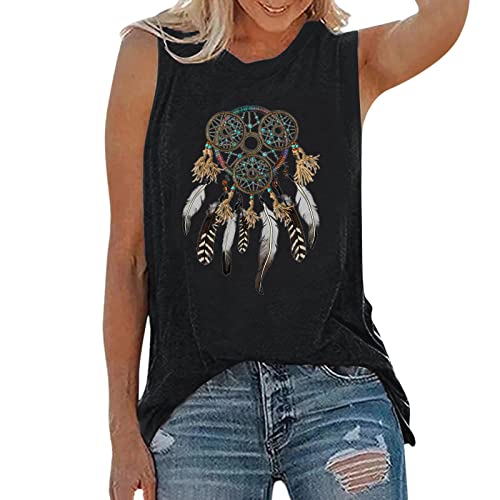 Damen Spaghetti Top Sommer Locker Unterhemd Spaghettiträger Basic Tank Tops mit Traumfänger Motiv Shirt Ärmellos Weste Sommer Strand Bluse Shirt Tshirt Äushöhlen Tunika Tops Oberteile (Schwarz, XXL) von Generic