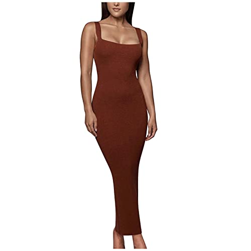 Damen Spaghetti-Träger Ärmellos Langes Kleid Einfarbig Figurbetont Fischschwanzkleid Sexy Bodycon Maxikleider Party Abend Club Night Out Kleid (Braun, L) von Generic