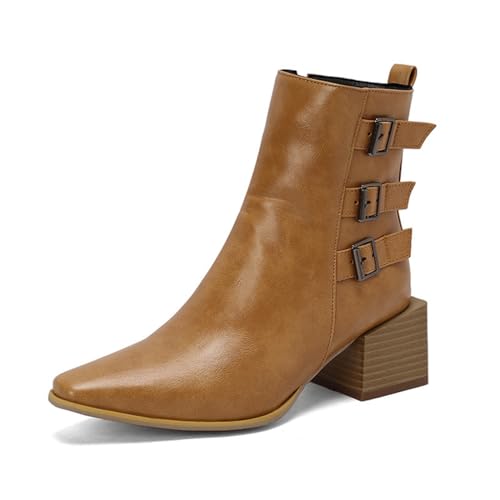 Damen Spitz Zehen Chelsea Stiefeletten Mittlerer Blockabsatz Stiefel Mit Reißverschluss PU-Leder Kurze Stiefel,Gelb,48 EU von Generic