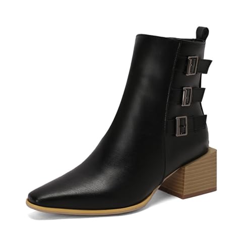 Damen Spitz Zehen Chelsea Stiefeletten Mittlerer Blockabsatz Stiefel Mit Reißverschluss PU-Leder Kurze Stiefel,Schwarz,43 EU von Generic
